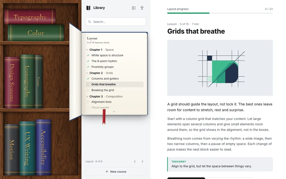 Library: a walnut bookcase with cloth spines and gold titles; the Layout book lies open in the sidebar beside a lesson called Grids that breathe.