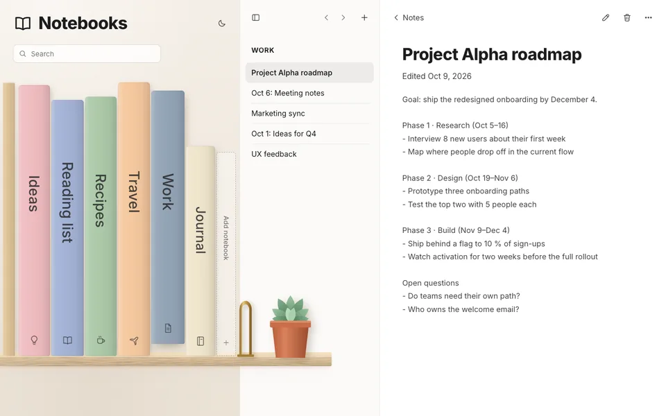 Nordic: pastel notebooks on a light-oak floating shelf with a brass bookend and a small plant; the Work notebook's notes list beside an open note.