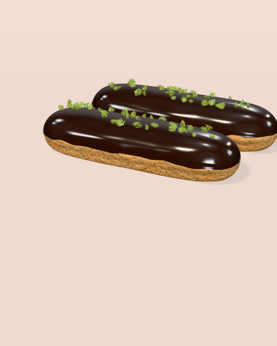 Two chocolate éclairs with chopped pistachio