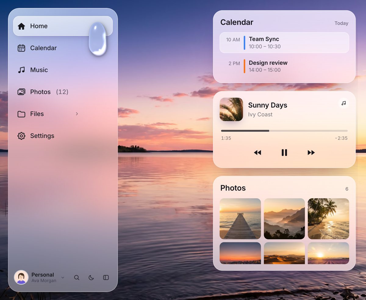 Daylight: a bright glass web app over a sunset lake with a water droplet on Home