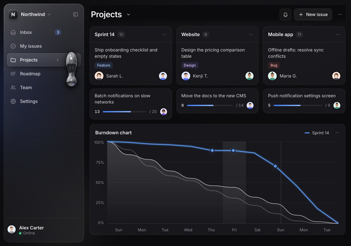 Graphite: a dark project-management app with a smoked-glass sidebar and a mercury drop on Projects