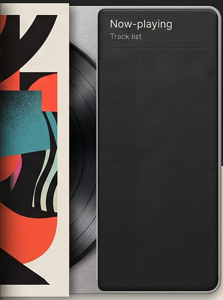 Album sleeve with abstract black, vermilion and teal art, the record half out of it