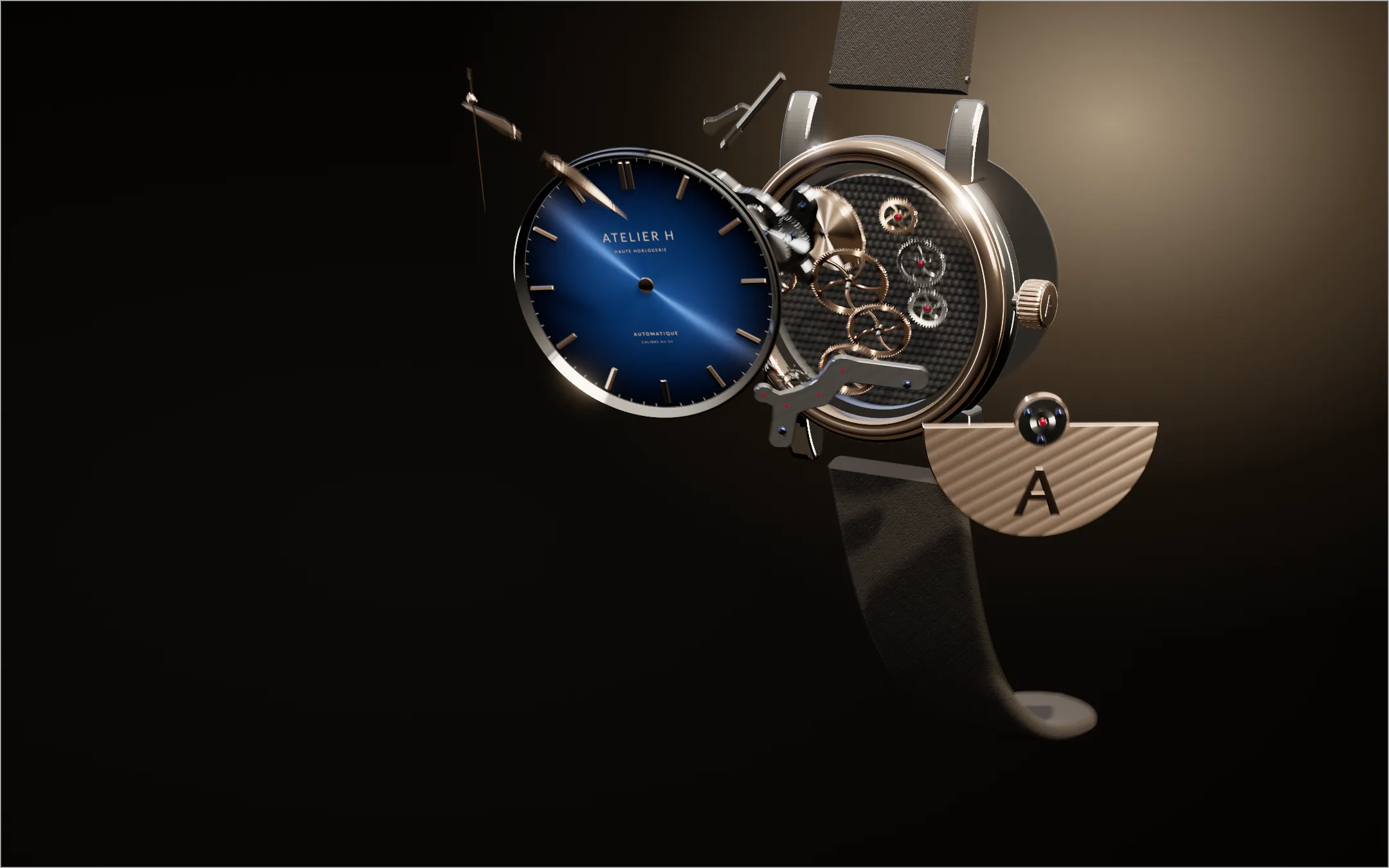 An ATELIER H. watch in exploded view: dial, hands, rotor and movement parts floating apart from the case.