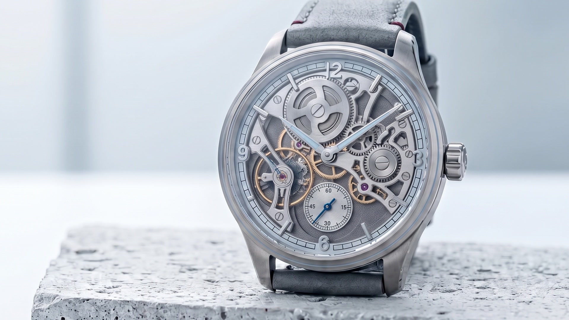 The Arc 72 on a stone plinth, its open-worked dial and movement in view