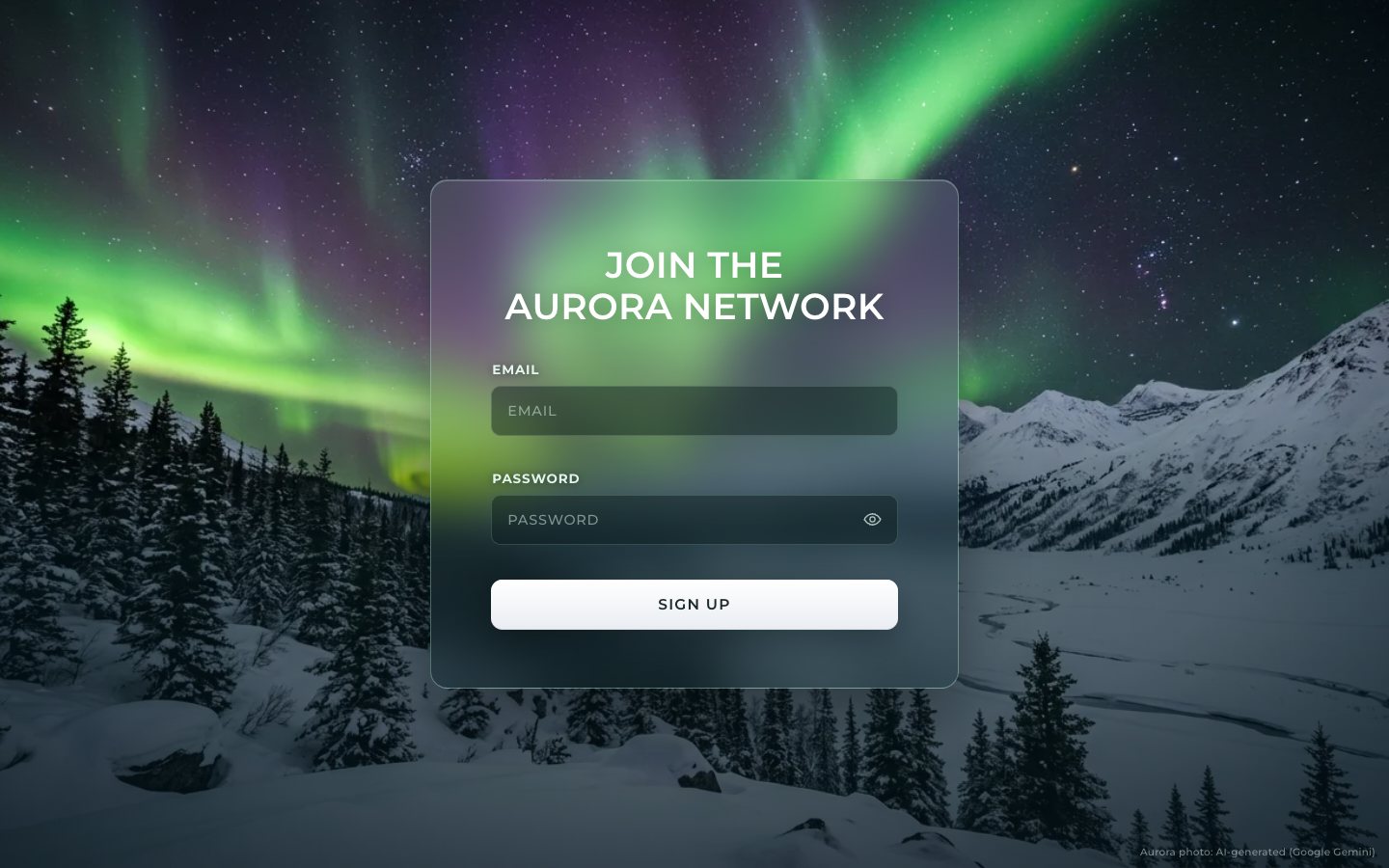 The sign-up card in CSS frost over the aurora photo: JOIN THE AURORA NETWORK, EMAIL and PASSWORD fields and a white SIGN UP button, a snowy spruce forest below.