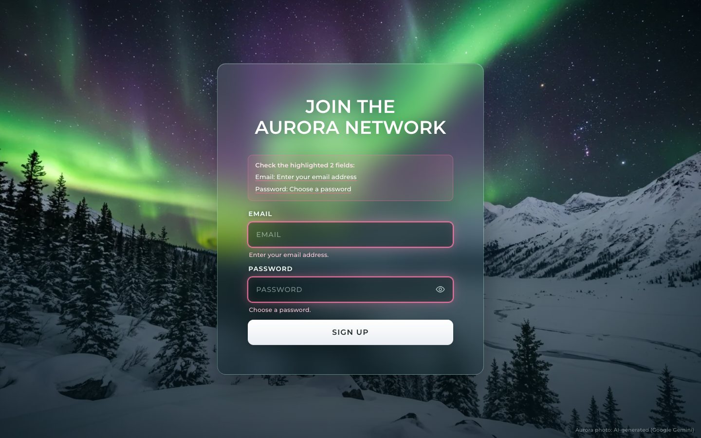 The CSS frost card after an empty submit: an error summary at the top, both fields glowing rose with their messages, and the SIGN UP button.