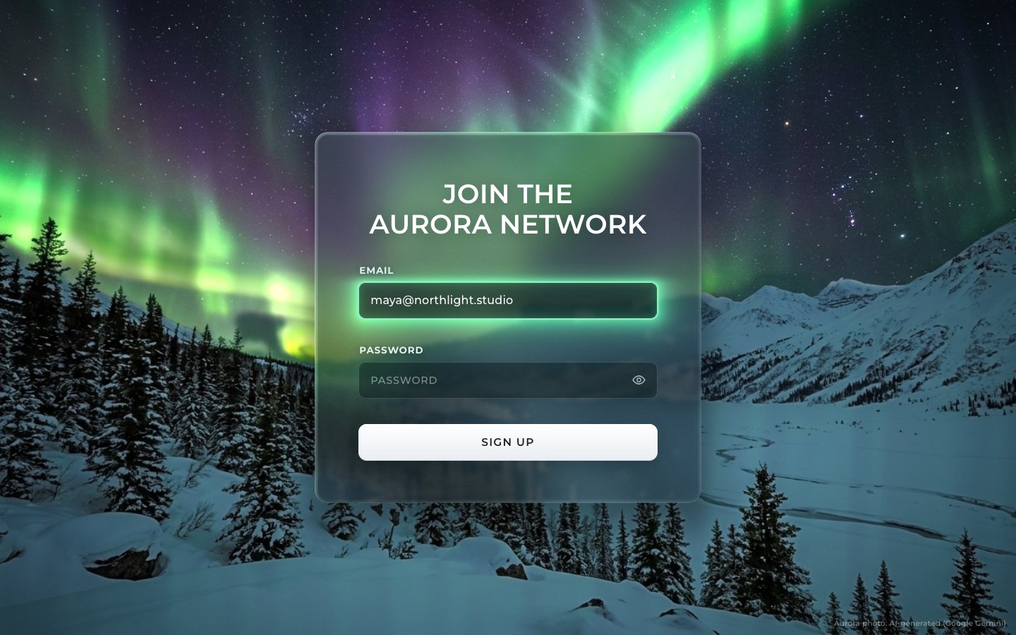 The WebGL glass card over the moving aurora: the email typed and its field glowing green, the light bleeding into the frost around it.