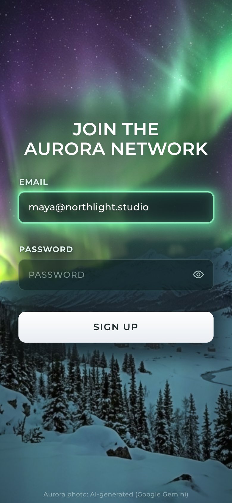 The form on a phone: JOIN THE AURORA NETWORK floating on the aurora with a soft frost behind it, the email typed and its field glowing green, and the white SIGN UP button.