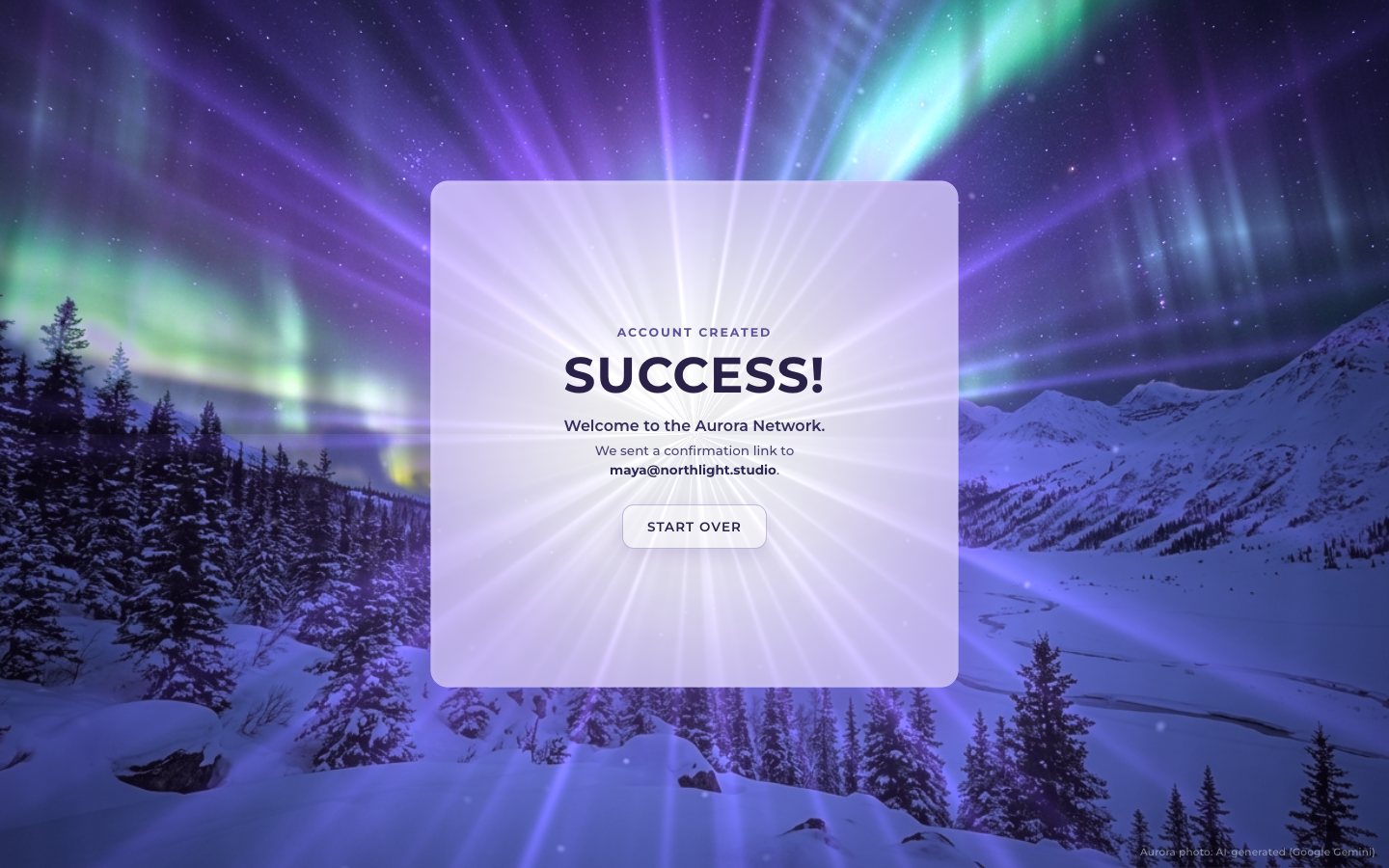 The finished form after a sign-up: the glass lit lavender-white reading SUCCESS! and Welcome to the Aurora Network, violet rays and a violet night around it.