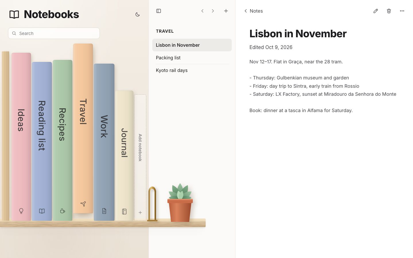 Nordic: pastel notebooks (Ideas, Reading list, Recipes, Work, Journal) on a floating light-oak shelf with a brass bookend and a plant; Travel has slid up out of the row, and its notes list beside an open note, Lisbon in November.