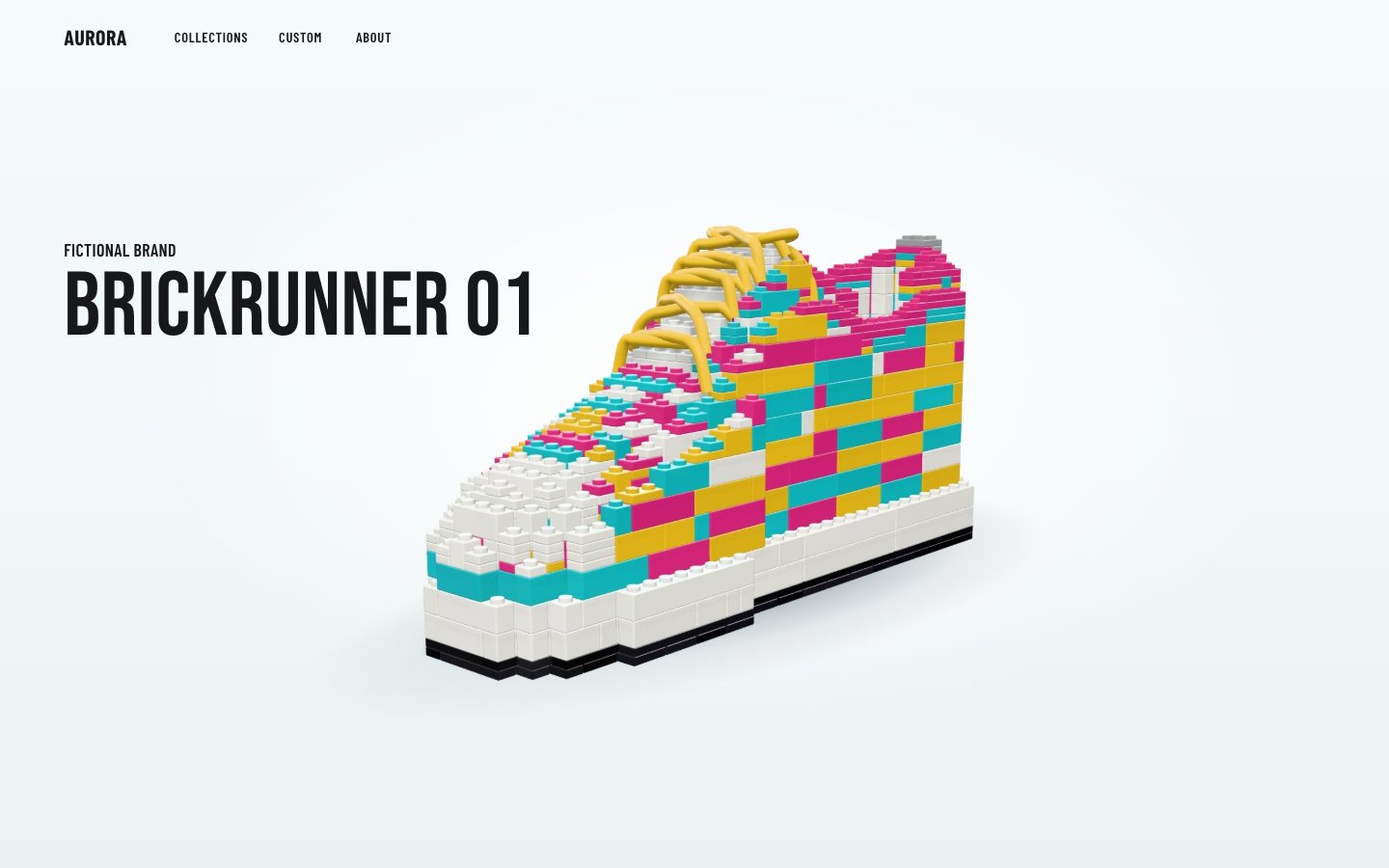 The AURORA product page: the nav, the title BRICKRUNNER 01 on the left and a still picture of the finished patchwork sneaker in teal, magenta, yellow and white bricks on a black and white sole, on a cool white studio background.