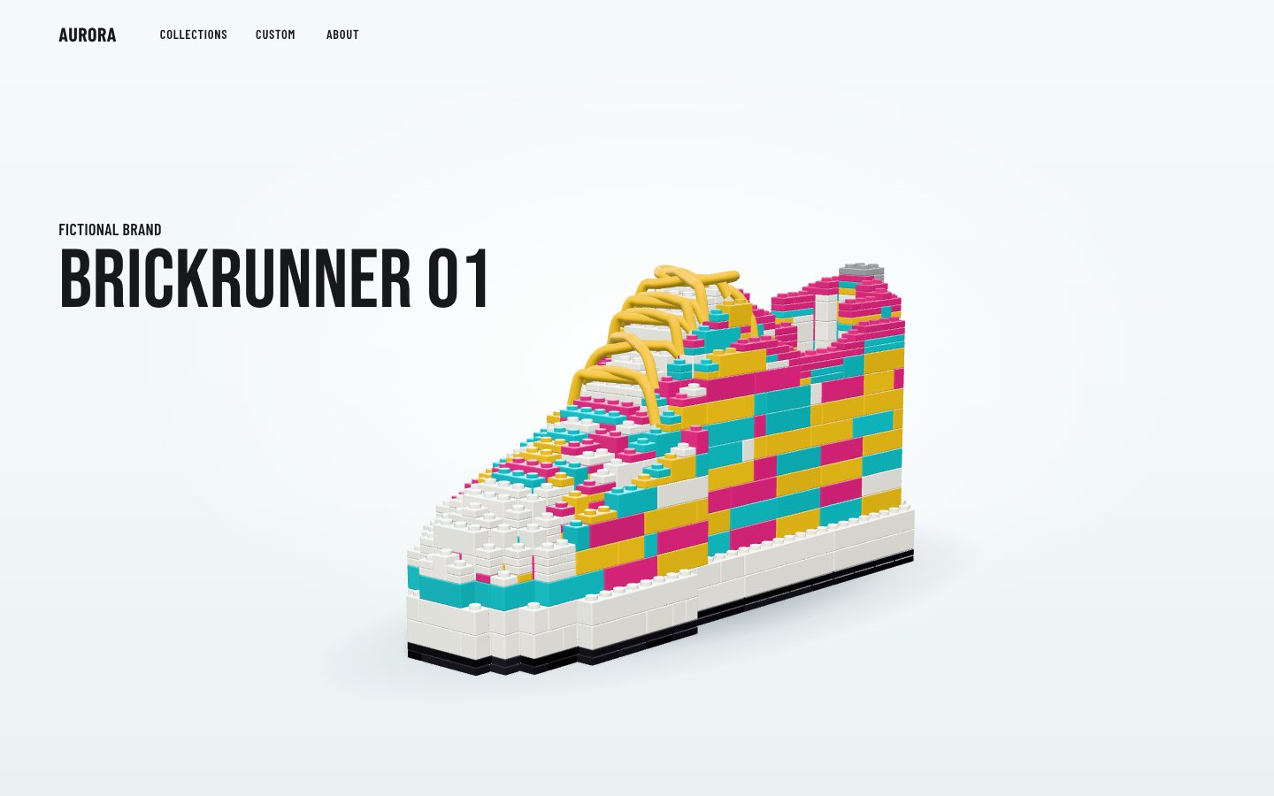 The same page with the sneaker now rendered live in 3D: 953 glossy bricks with studs, a soft shadow under the black outsole, yellow tube laces over a white tongue.