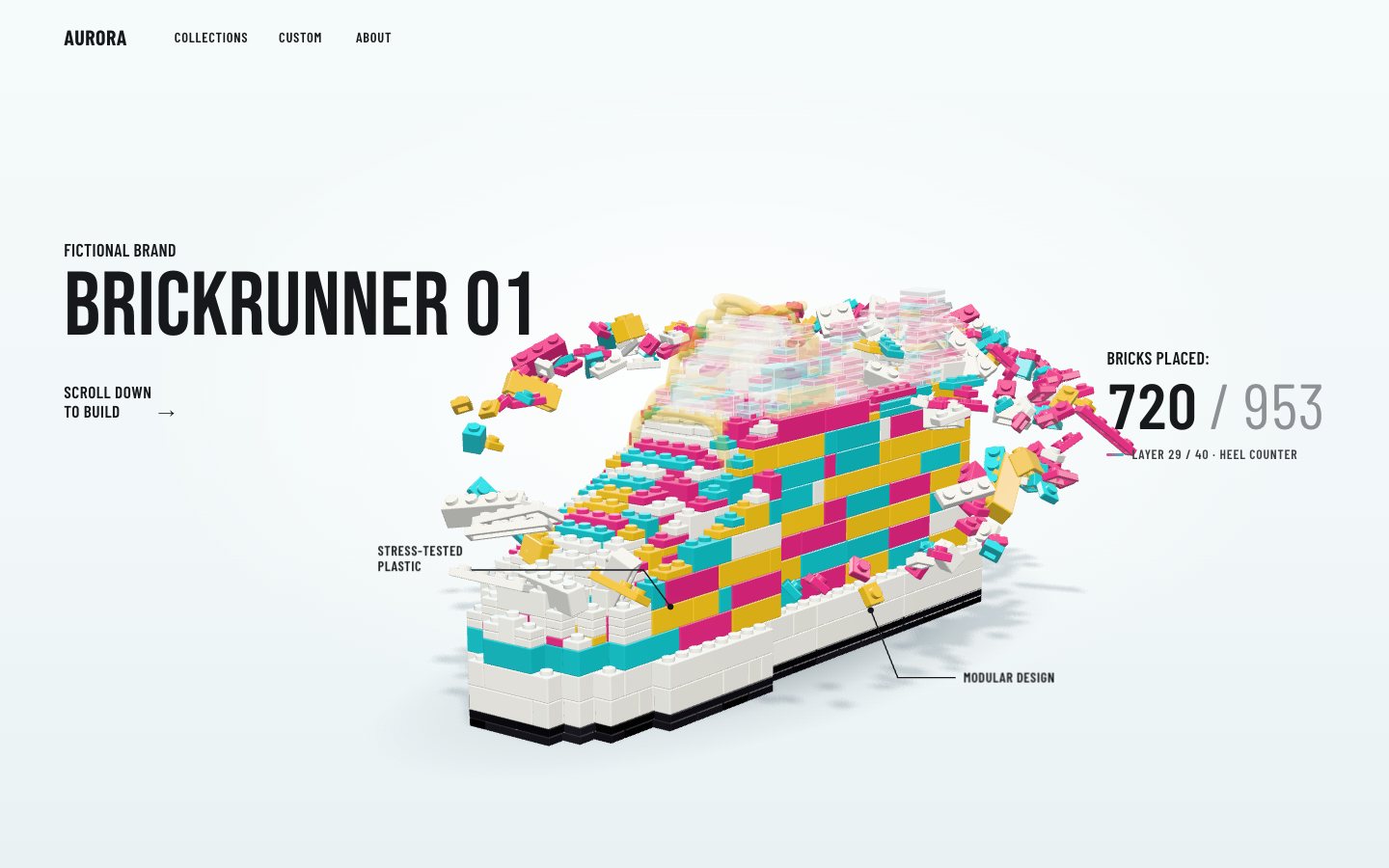 Later in the build, at 720 of 953: thin black leader lines run from STRESS-TESTED PLASTIC to the toe and from MODULAR DESIGN to the sole, with yellow laces dropping in and magenta bricks arriving at the heel.