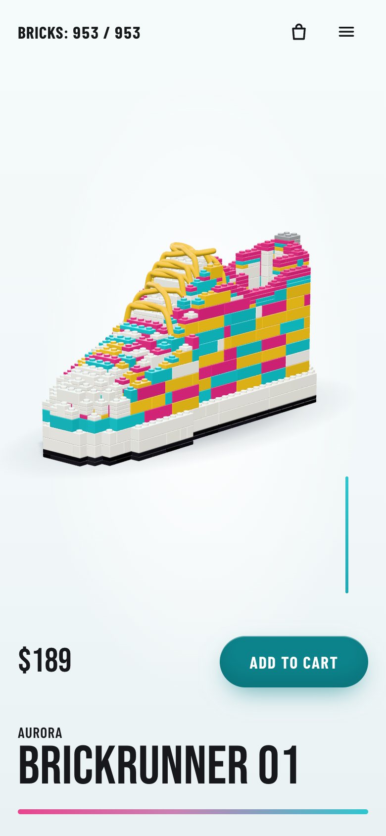 The finished shoe on a phone: Bricks: 953 / 953 in the top bar with the bag and menu icons, the full patchwork sneaker, $189 and a teal Add to cart, and the title above a full magenta-to-teal bar.