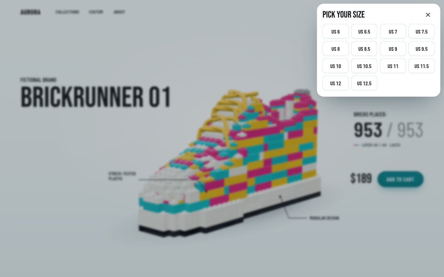 The built shoe after its turn, dimmed behind a scrim, with the Pick your size sheet open at the top right: a grid of US sizes from 6 to 12.5, and $189 with Add to cart below the counter at 953 / 953.