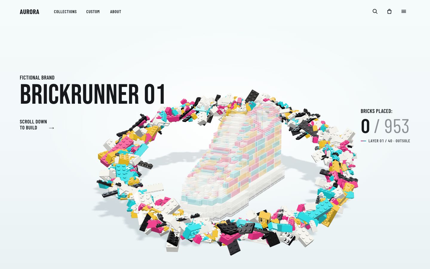 The first screen of the finished page: the pale ghost of the sneaker inside a tilted ring of 953 loose bricks in black, white, teal, magenta and yellow, the counter at 0 / 953, layer 1 of 40, outsole, and Scroll down to build.