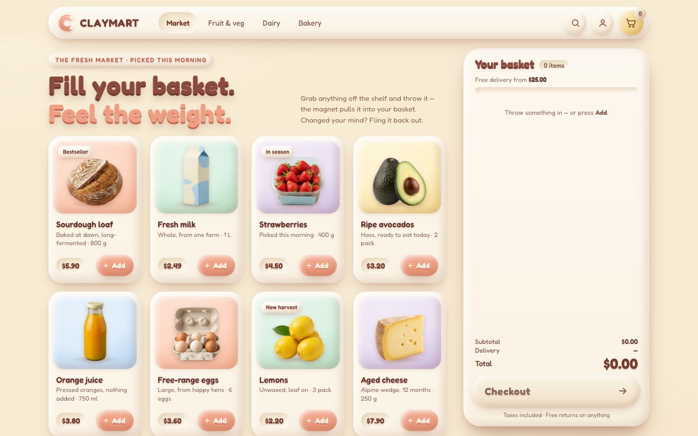 ClayMart, stage 2: a four-by-two grid of puffy clay cards, each a tinted tile with a photoreal grocery on it, its name, note, price chip and a coral Add pill.
