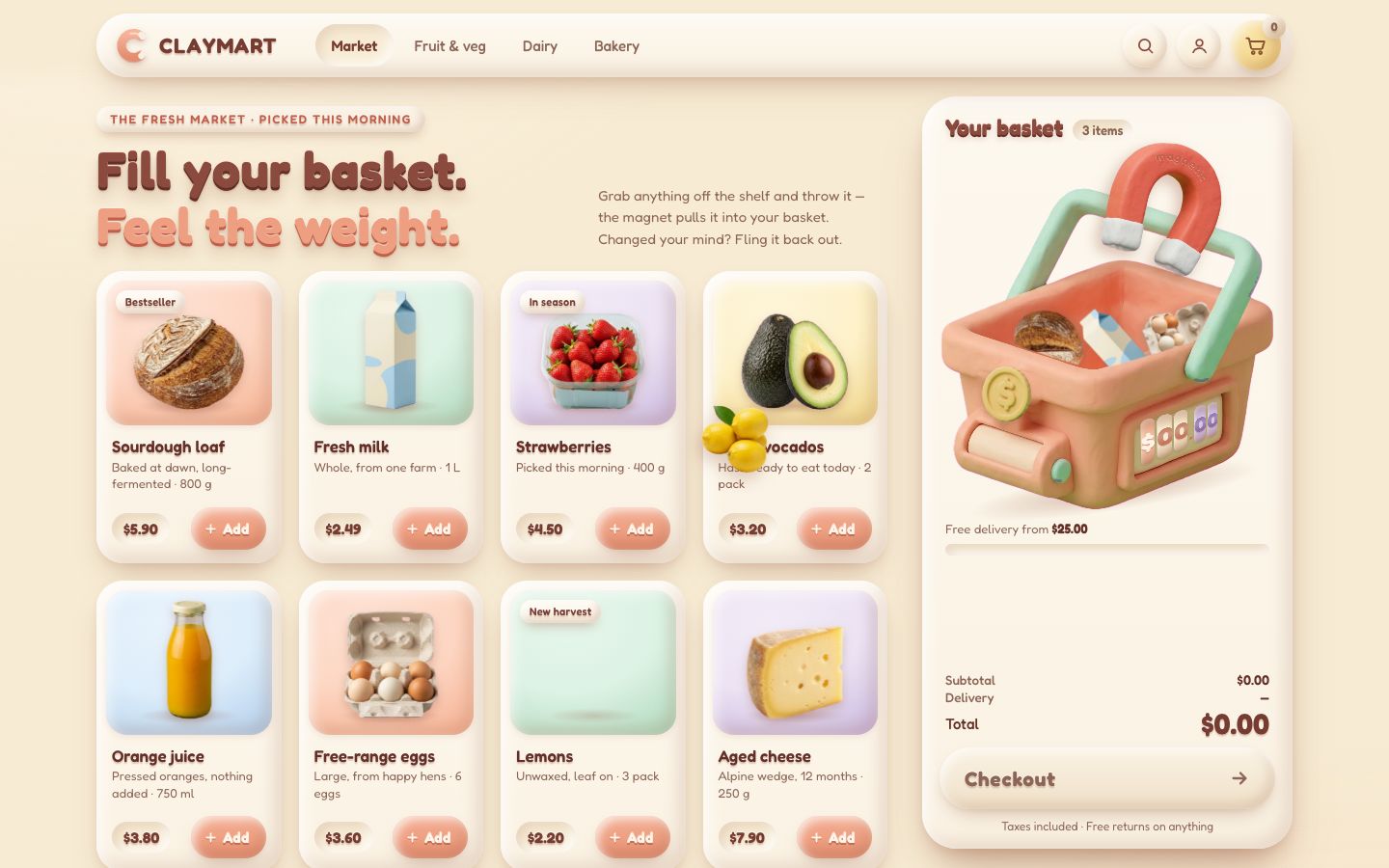 ClayMart, stage 5: a bunch of lemons held in mid-air between the shelf and the basket, its card empty, with three products already in the basket.