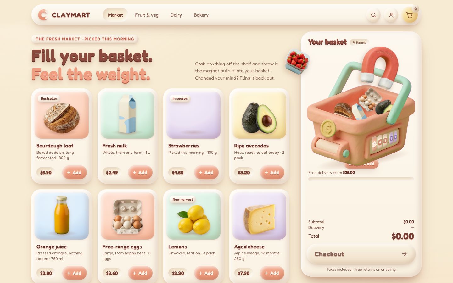 ClayMart, stage 6: strawberries held just beside the basket while the magnet leans towards them, with four products in the pile.