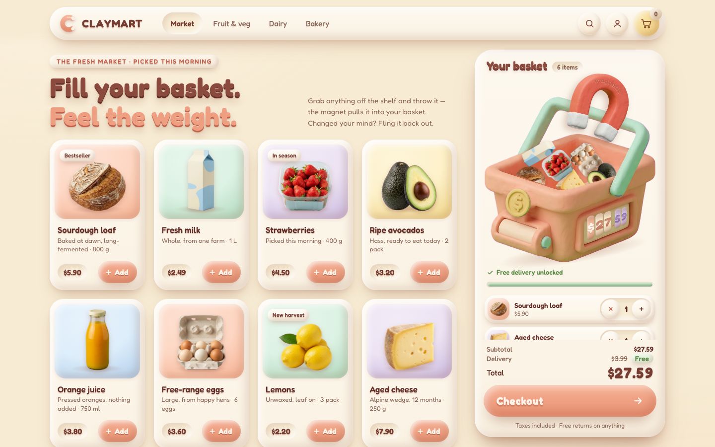 ClayMart, stage 7: six products in the basket, the bar full and mint with “Free delivery unlocked”, the list with − and + steppers, the $3.99 fee struck through, “Free”, and a total of $27.59 on the rolling digits and the roller counter.