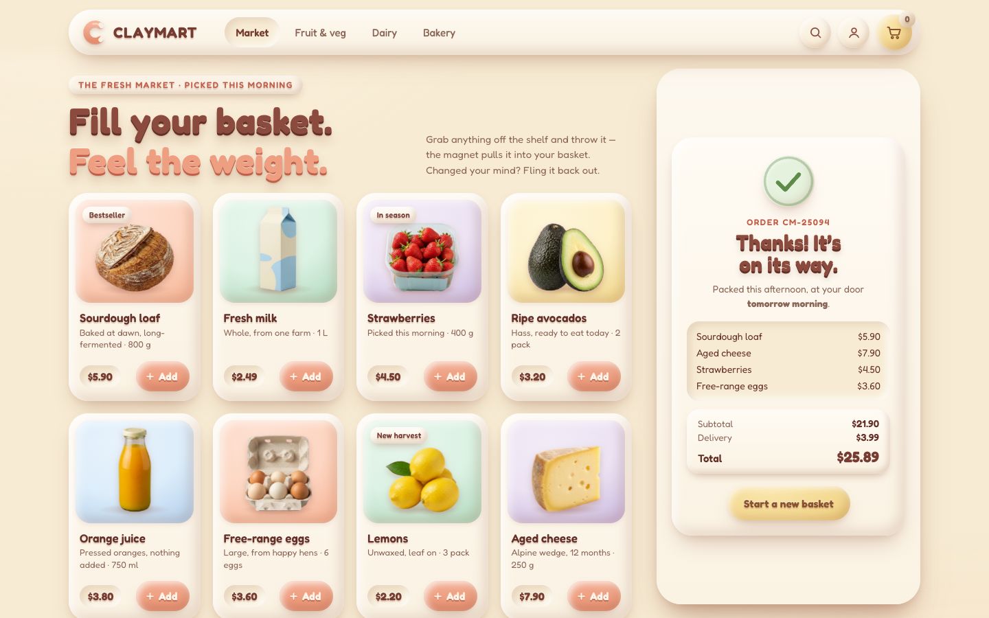 ClayMart, stage 8: the basket panel shows a clay receipt with a green tick, the order number, four lines, subtotal $21.90, delivery $3.99, total $25.89 and a “Start a new basket” button.