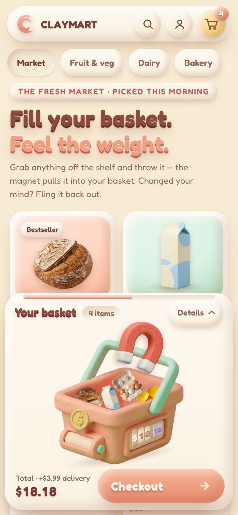 ClayMart on a phone: the aisles as clay chips under the header, two columns of cards and the basket docked at the bottom with four products, “Total · +$3.99 delivery” and Checkout.