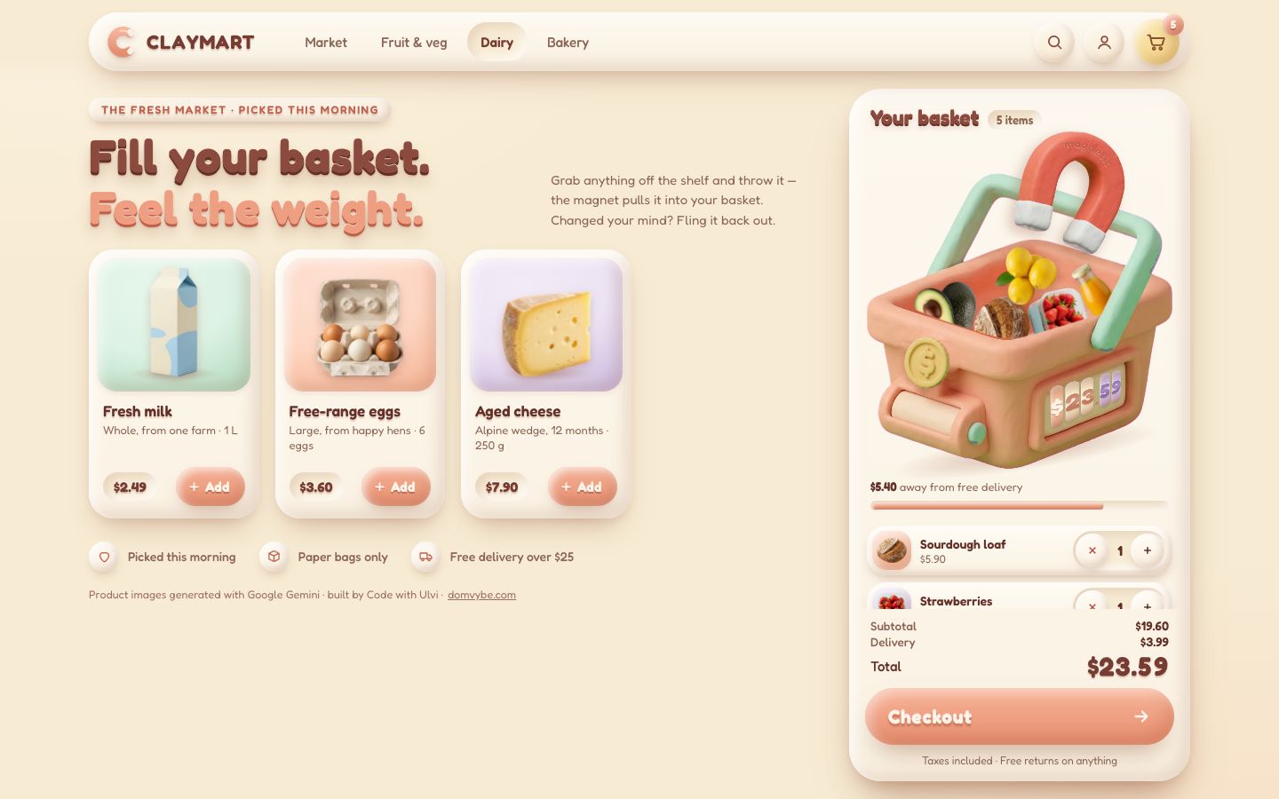 ClayMart, the finished shop: the Dairy aisle chosen in the header, three cards on the shelf, and five products in the basket with $5.40 to go to free delivery.