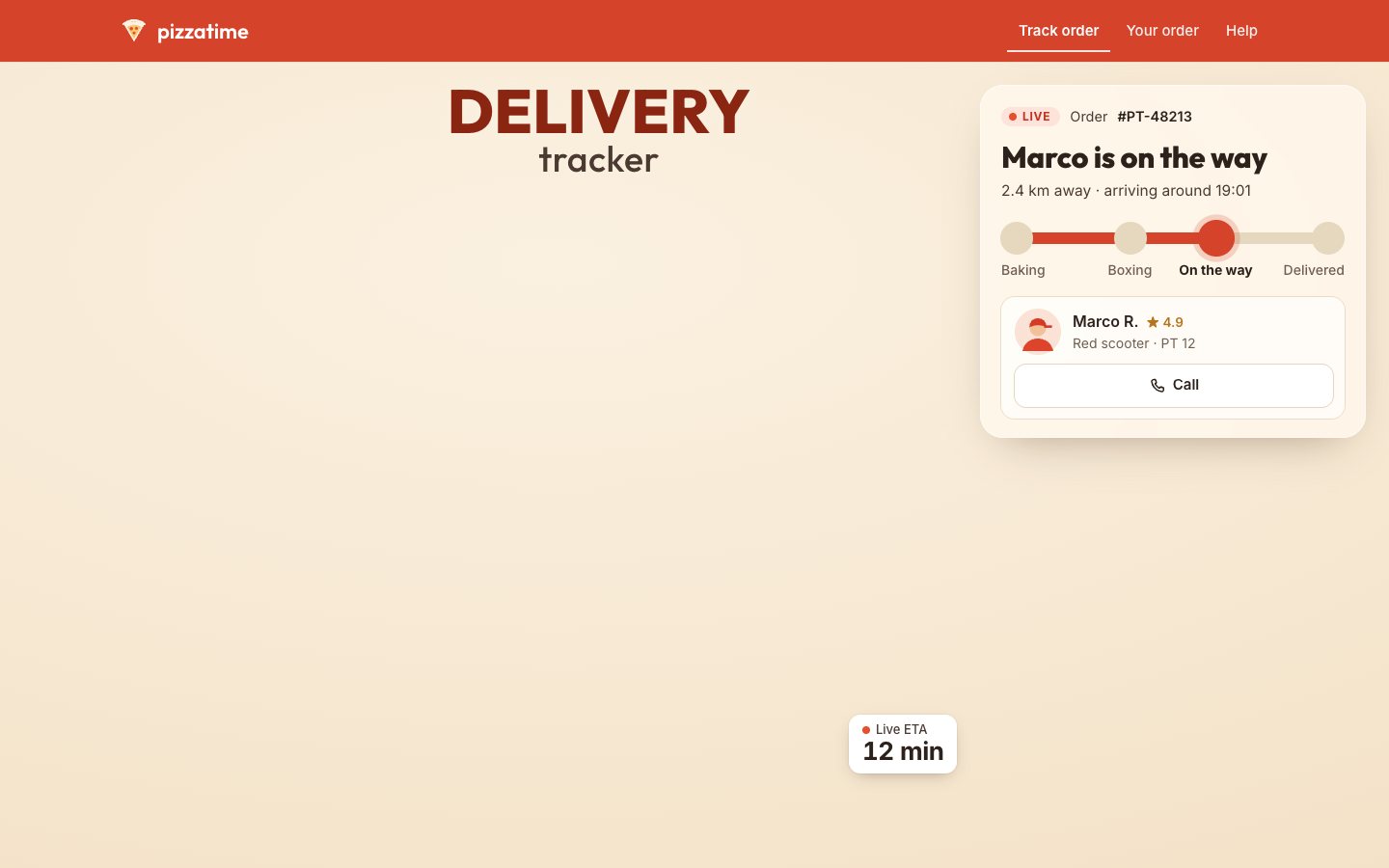 The pizzatime page: a tomato nav, a cream hero with the title Delivery tracker, a Live ETA chip reading 12 min and a frosted glass panel on the right: Live, order PT-48213, Marco is on the way, the four-step progress at On the way, and Marco's courier card with a Call button.
