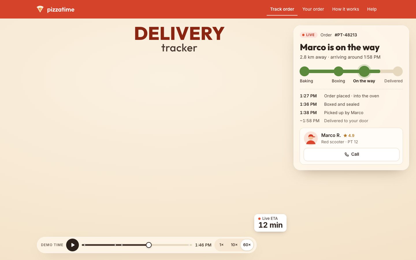 The same hero, still an empty cream sky, now live: the panel reads Marco is on the way, 2.8 km away, with times in the timeline list, the progress knobs in basil green, and a demo bar along the bottom with the play button, a scrubber at On the way, the clock and the 60× speed picked.