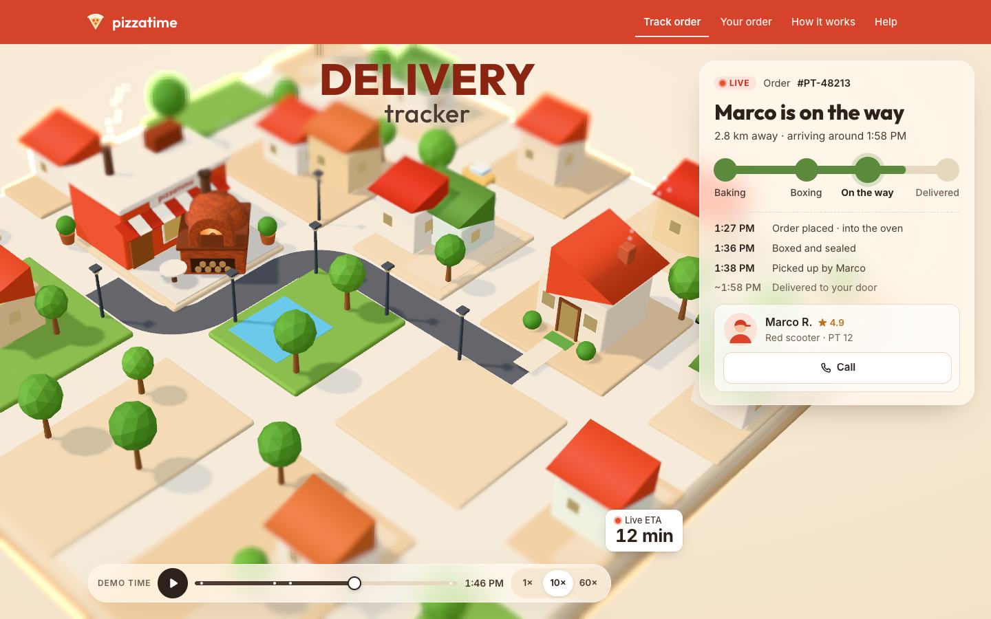 A toy 3D pizza town seen from above at an angle, tilt-shifted: clay blocks, a red-roofed pizzeria with a brick oven, a grey road with streetlights, a pond in a park, houses with red roofs and round trees, the glass panel on the right.
