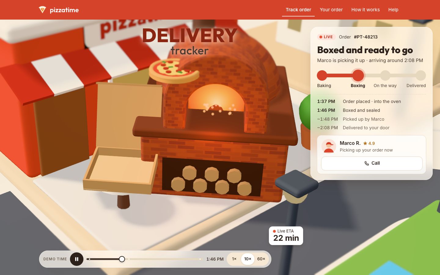 A close view of the brick oven glowing orange, with the pizzeria's striped awning behind it: the pizza is in the air above the oven on its way into an open cardboard box on the table. The panel says Boxed and ready to go.