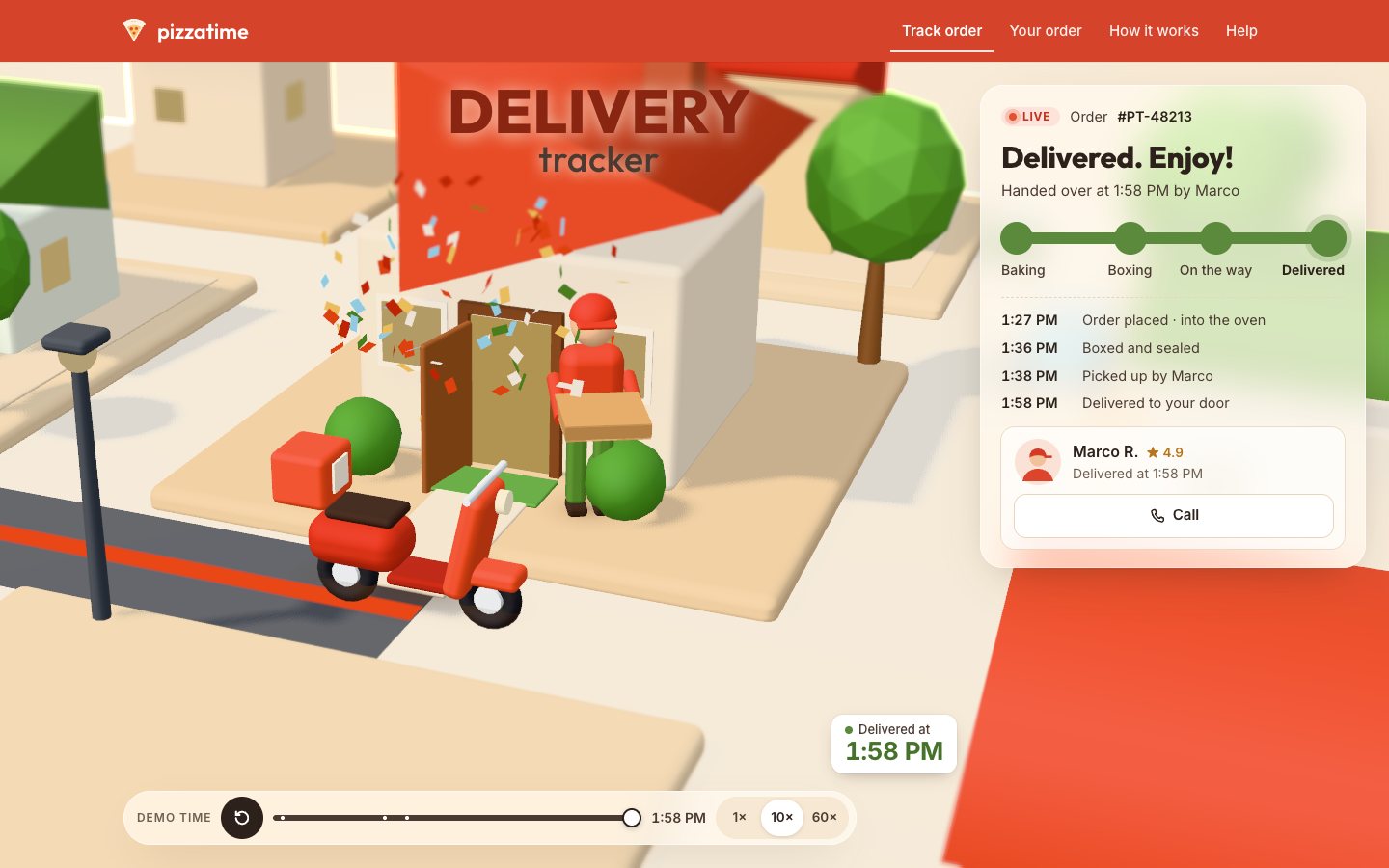 The door shot: the red scooter parked on the road, the courier in red with the pizza box at the open door of a cream house, confetti in the air. The panel says Delivered. Enjoy! with all four knobs green.