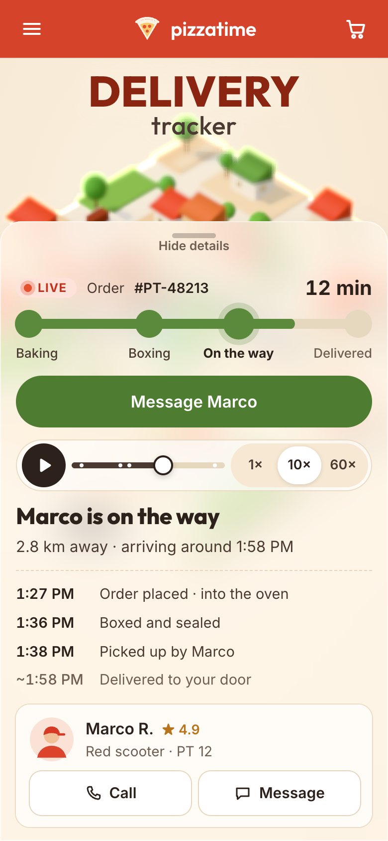 The tracker on a phone with the sheet open: the order line with 12 min, the progress, the green Message Marco button, the demo bar, then Marco is on the way, the timeline with four times and Marco's card with Call and Message.