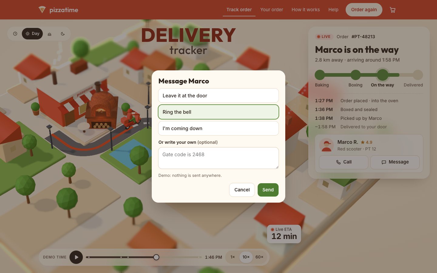 The Message Marco sheet over the dimmed town: quick replies Leave it at the door, Ring the bell (picked) and I'm coming down, a field for your own note, Cancel and a green Send. The nav now has Order again and a cart.