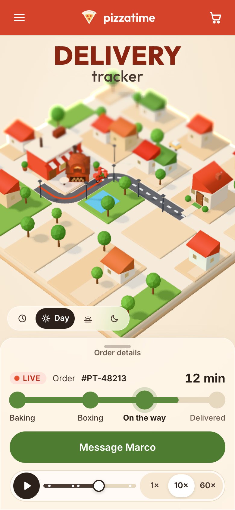The finished tracker on a phone: the title over the 3D town in daylight, the time-of-day switch on Day, and the bottom sheet with 12 min, the progress, the green Message Marco button and the demo bar.