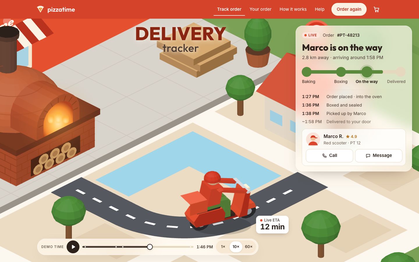 The same tracker with the SVG town: a flat isometric street in clay colours with the pizzeria wall, its awning and oven, a grey road, trees and the red scooter, under the same glass panel and demo bar.