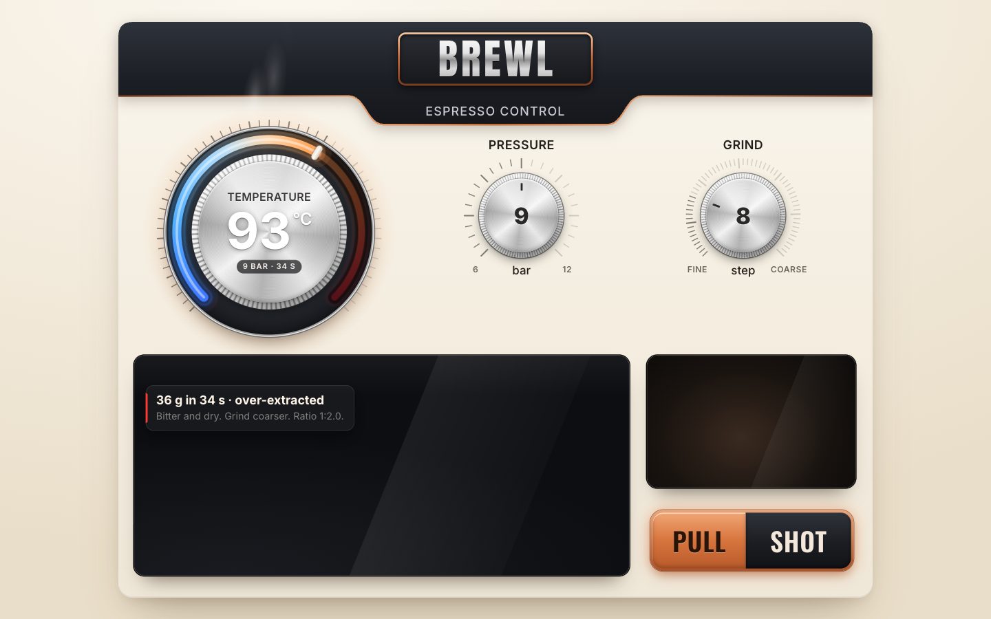 Grind turned down to 8 and the shot pulled: the card in the graph reads 36 g in 34 s, over-extracted, Bitter and dry, Grind coarser, Ratio 1:2.0.