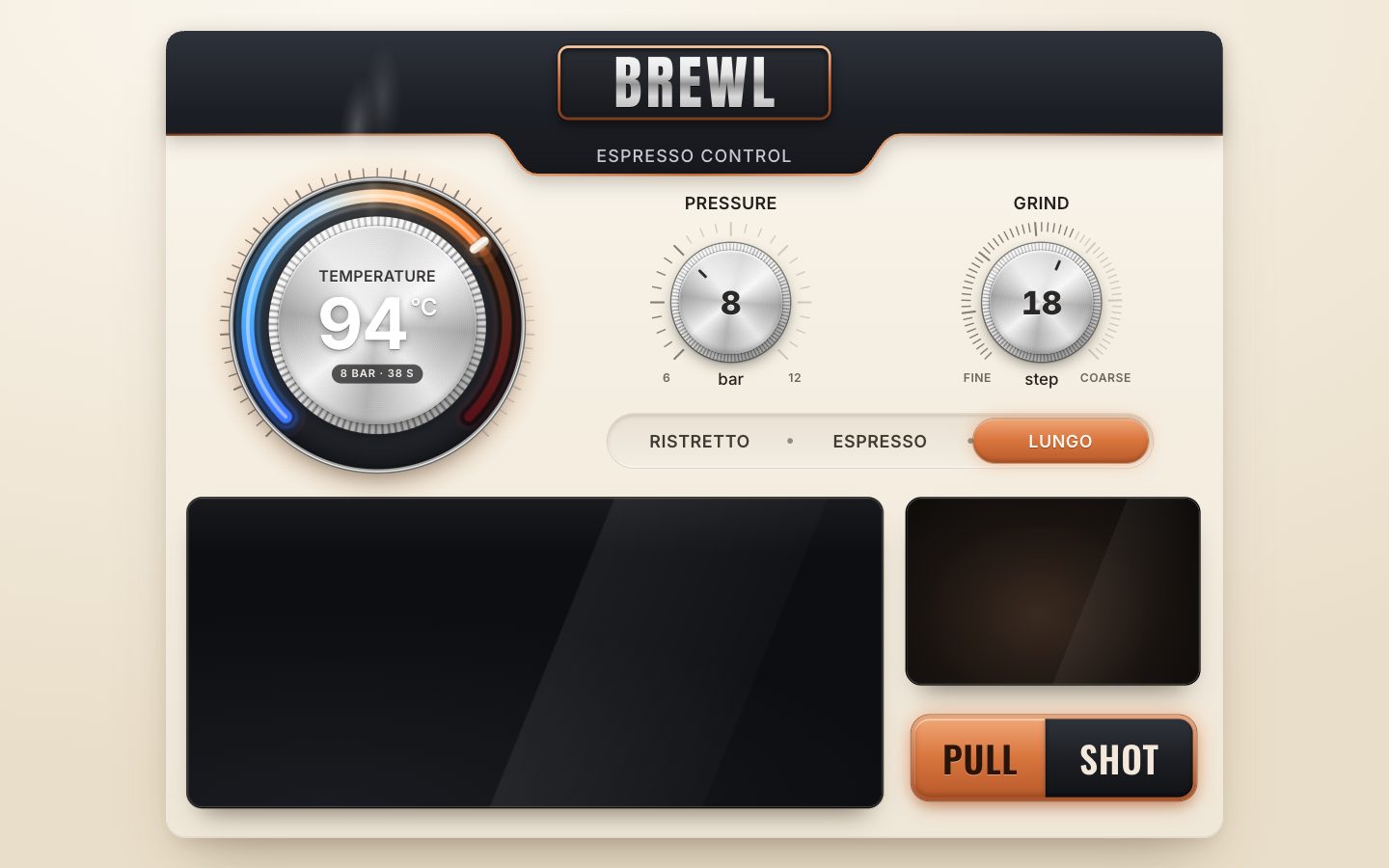 Lungo chosen: the copper thumb under LUNGO, the dials at 94 °C, 8 bar and grind 18, and the chip reading 8 BAR · 38 S.