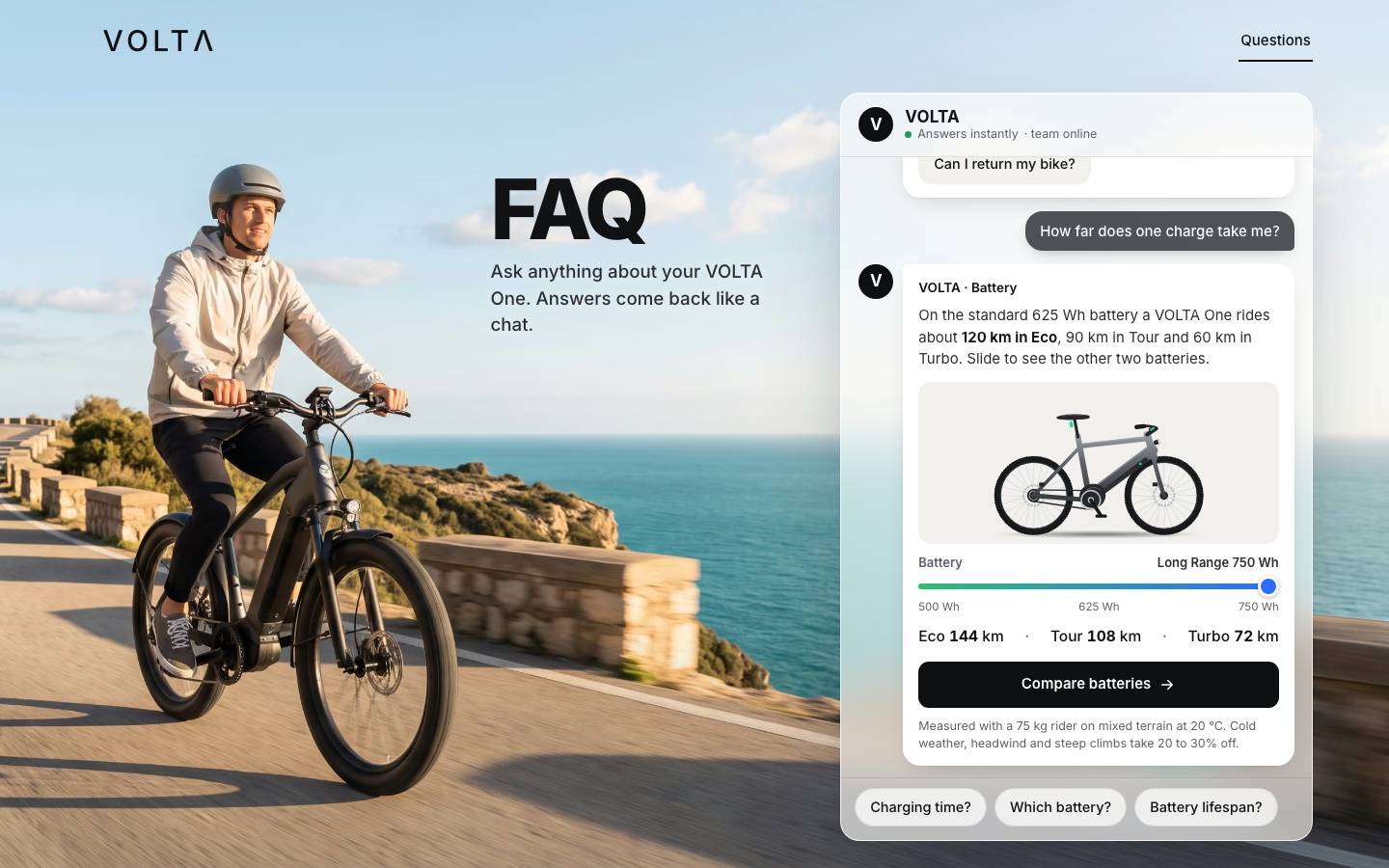 The chat panel over the photo: the question How far does one charge take me? and its card with the bike, the battery slider at Long Range 750 Wh, Eco 144 km, Tour 108 km, Turbo 72 km, and a Compare batteries button.