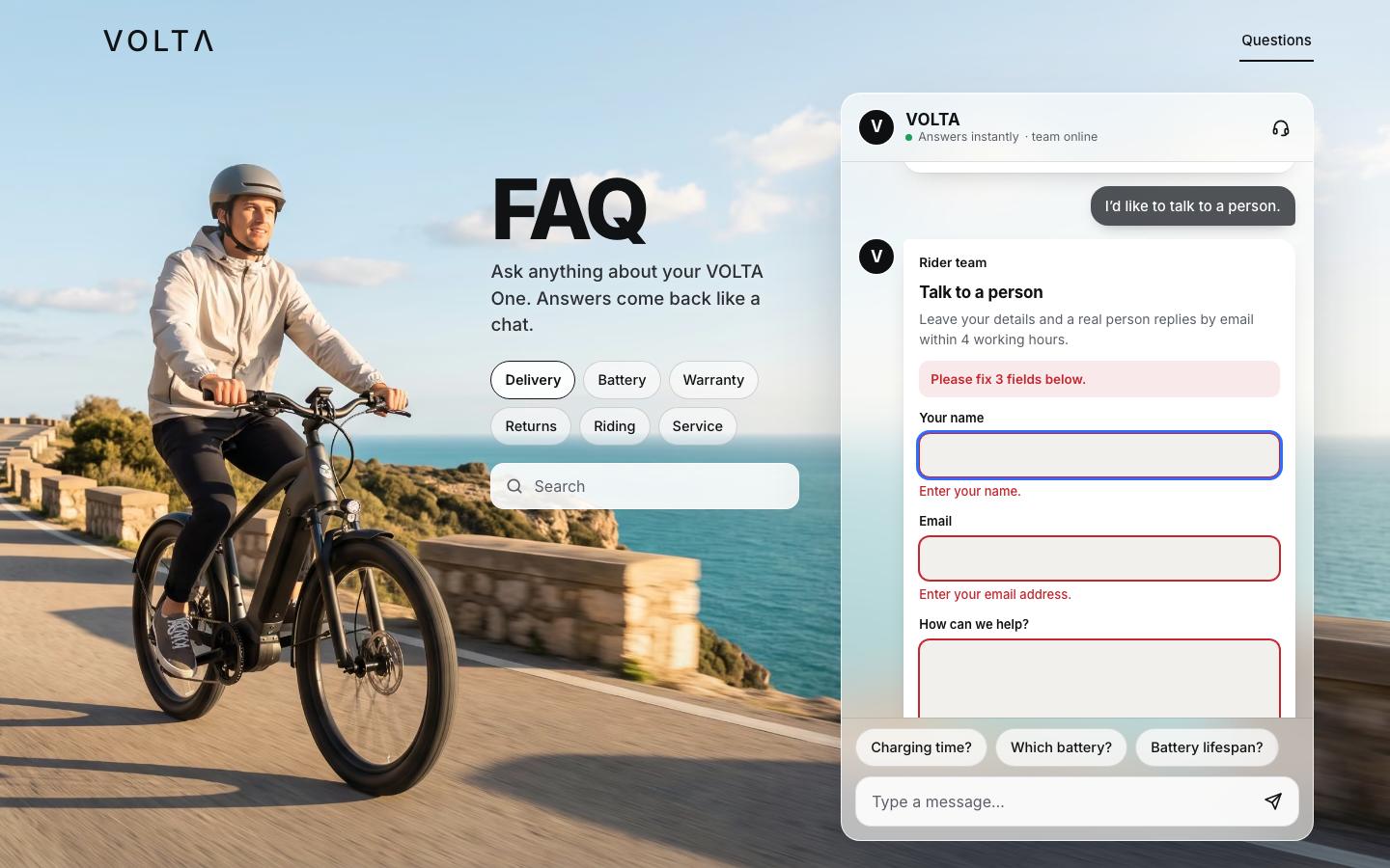 The hand-off form in the chat after an empty send: Talk to a person, Please fix 3 fields below, and the name, email and message fields outlined in red with their errors.