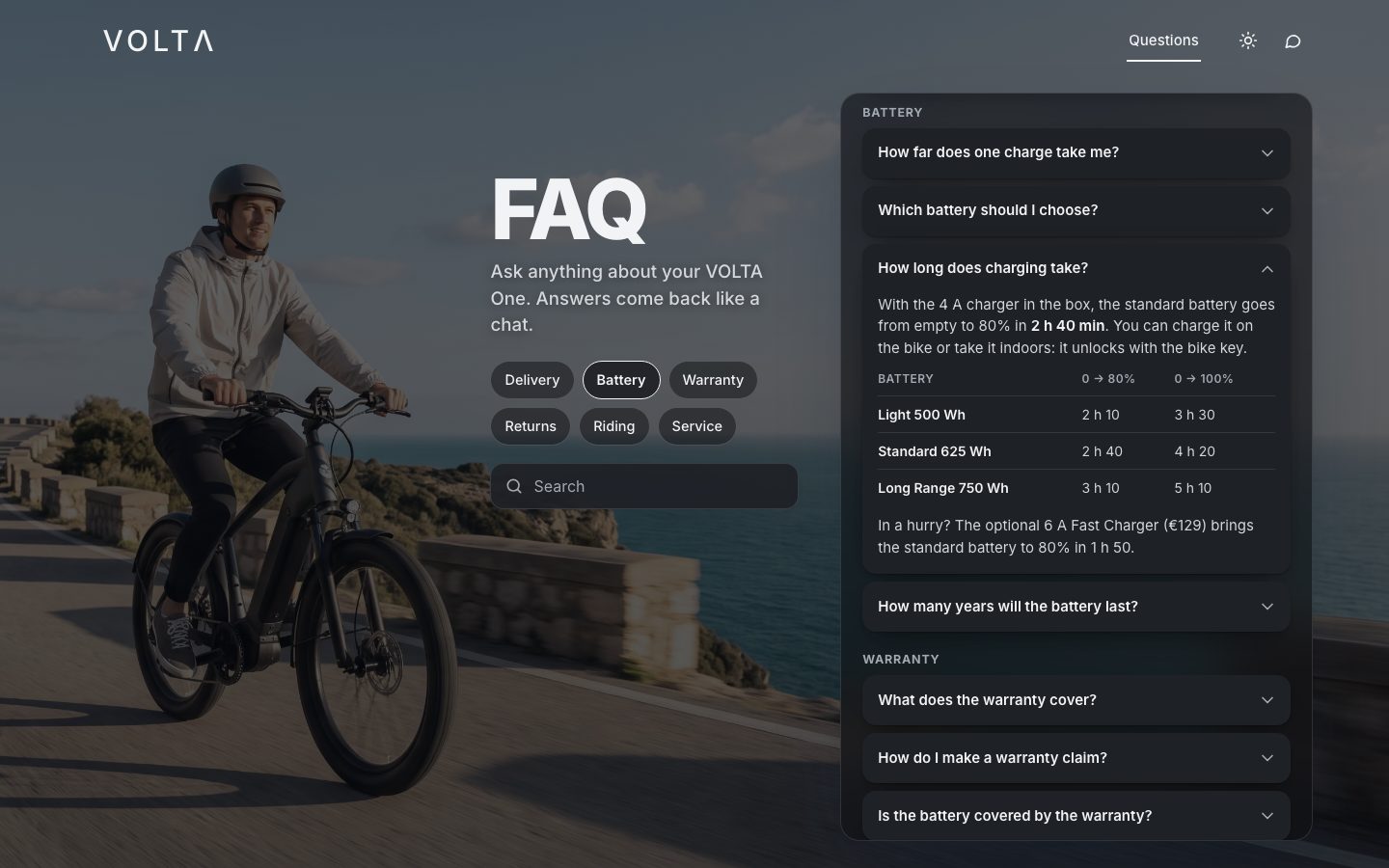 The page in dark mode with the list view: the Battery tab selected, the battery questions listed and How long does charging take? open with a table of charging times.