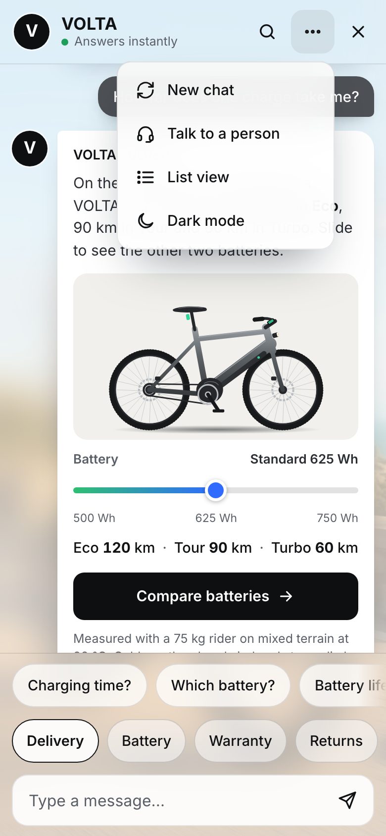 The Lifestyle page on a phone: the chat full screen over the photo, the range card, and the ⋯ menu open with New chat, Talk to a person, List view and Dark mode.