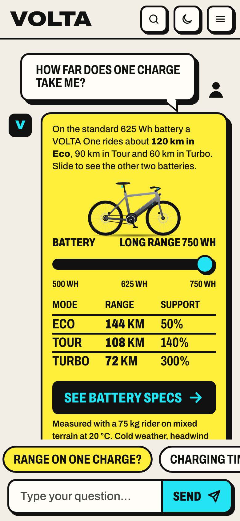 The Bold page on a phone: the yellow range card with the bike and the slider at Long Range, the MODE, RANGE, SUPPORT table, SEE BATTERY SPECS, and the chip row above the composer.