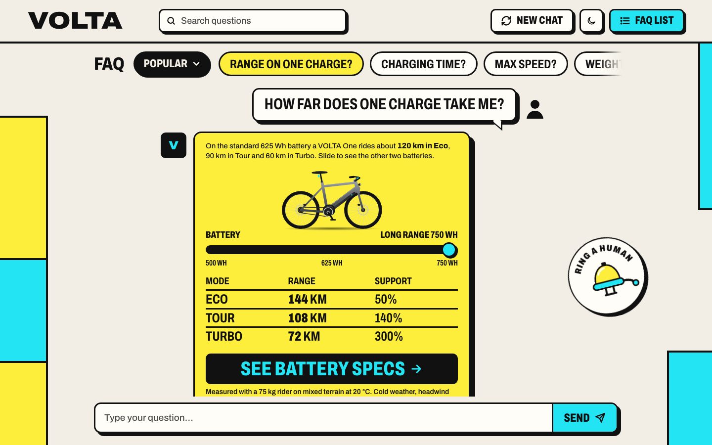 The Bold page: a yellow answer card with thick black outlines, the bike, the battery slider at Long Range 750 Wh, a MODE, RANGE, SUPPORT table, SEE BATTERY SPECS, and a round RING A HUMAN bell sticker beside it.