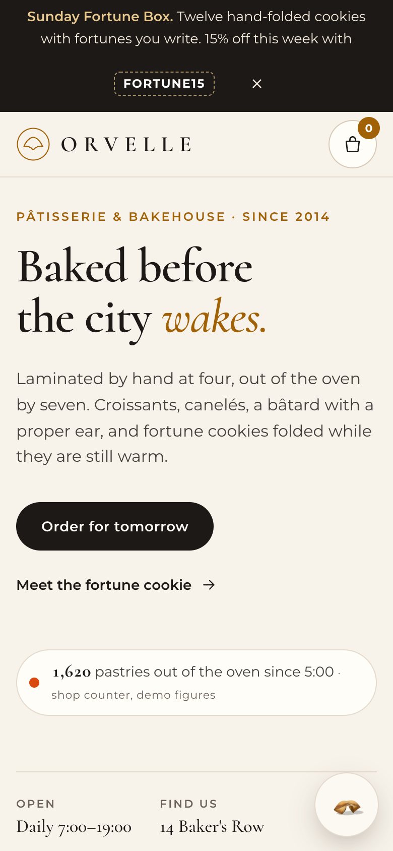 The ORVELLE page on a phone after Accept all: the Sunday Fortune Box ribbon with the code FORTUNE15, the hero, the oven counter, and the fortune-cookie button in the corner.