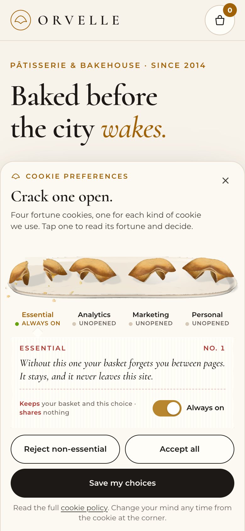 The ORVELLE page on a phone with the bottom sheet: four 3D fortune cookies on the tray, the Essential one cracked with crumbs, and its fortune below with the switch locked at Always on.