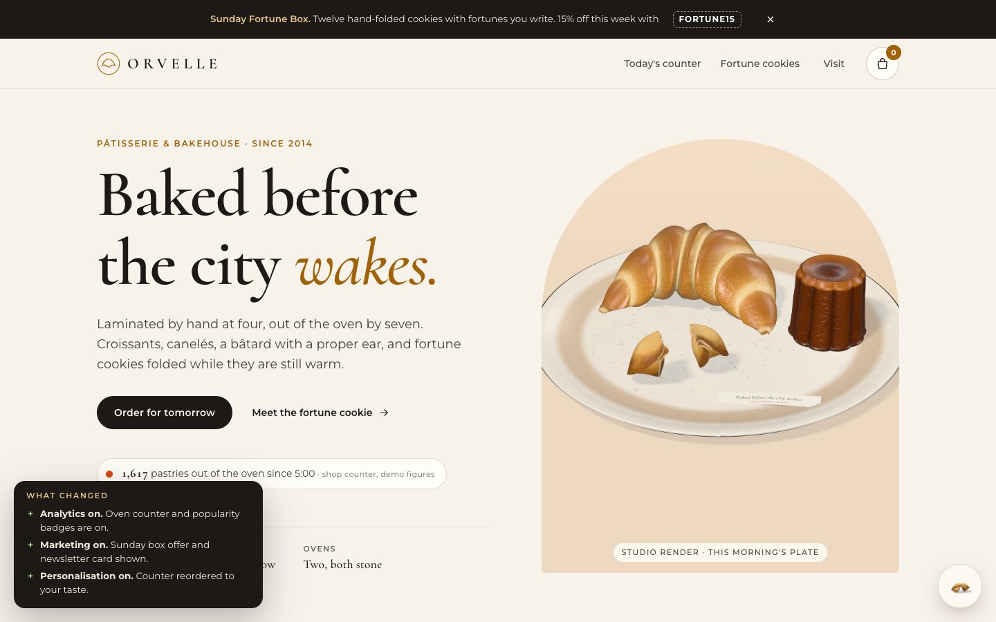 The page after Accept all: the Sunday Fortune Box ribbon on top, the oven counter in the hero, a What changed toast listing Analytics, Marketing and Personalisation on, and the panel tucked into a round fortune-cookie button at the bottom right.