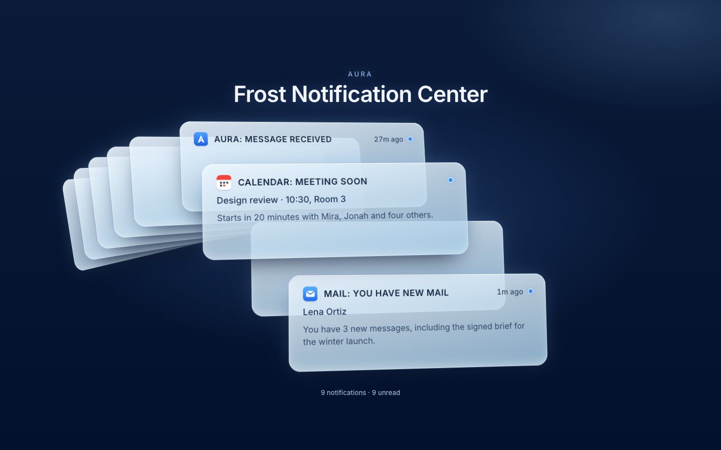 Frost Notification Center with frosted CSS cards: the stack fanned out under the pointer, the Calendar card lifted towards the viewer.