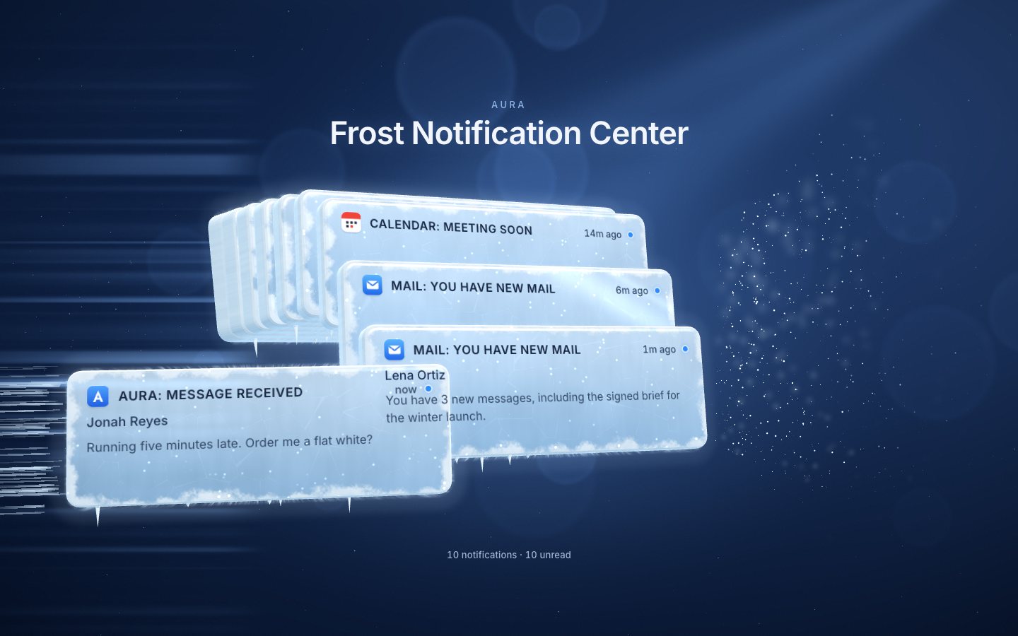 A new notification, Aura: Message received from Jonah Reyes, flying in from the left with speed streaks and a wind surge behind it.