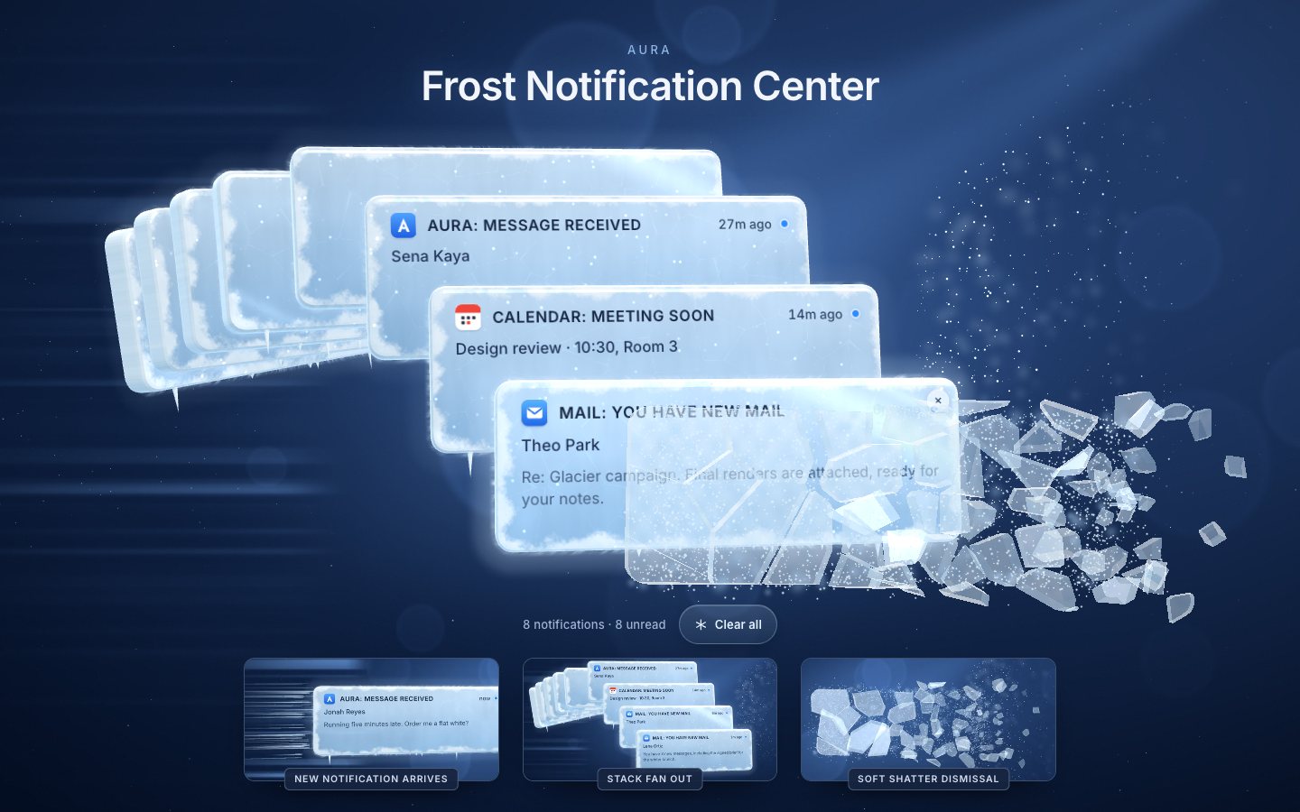 A notification flicked to the right breaking into clear ice shards and a spray of frost dust, the rest of the stack behind it.